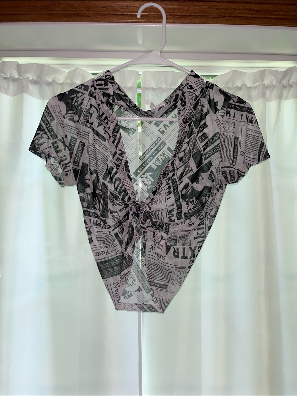 No Boundaries Black & White Newspaper-Print Tie-Front Camisole Top